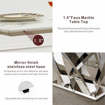 Marble Dining Table for 6 People, 70'' Rectangle Faux Marble Dining Table with Mirrored Stainless Steel Base, Large Size Marble Kitchen Table (Silver,White)(only Table)