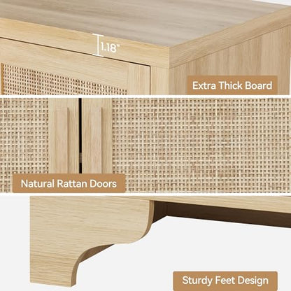 Natural Rattan Storage Cabinet with Shelves, 4-Door Sideboard Buffet Cabinet, view 7