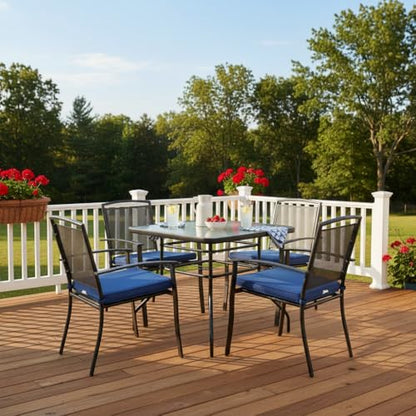 32" Square Outdoor Dining Table with Tempered Glass Top, Outside Bistro Table with 2" Umbrella Hole & Metal Frame, Patio Dining Table for Backyard, Lawn, Deck & Poolside