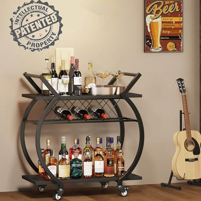 Black Wine Cart with Wheels, Modern Bar Cart with Wine Rack, Industrial Beverage Rolling Kitchen Serving Cart with Storage, Metal Wooden Microwave Drink Liquor Cart for Home Dining Room, Black Oak