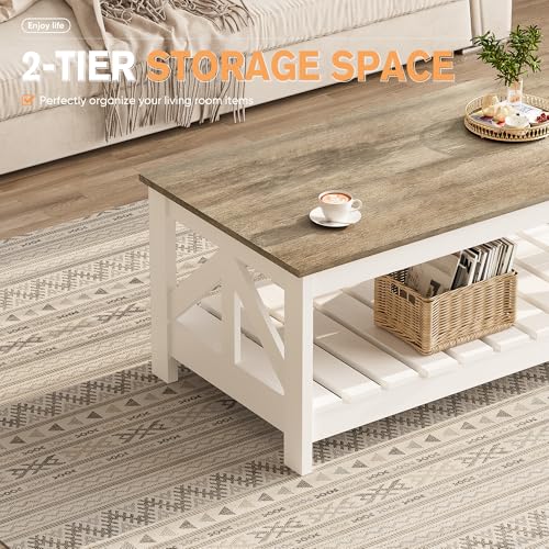 Farmhouse Coffee Table, Coffee Tables for Living Room, Farmhouse Square Coffee Table with Storage, Couch Table, Small Tables for Small Spaces, Gray & White