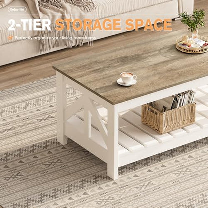 Farmhouse Coffee Table, Coffee Tables for Living Room, Farmhouse Square Coffee Table with Storage, Couch Table, Small Tables for Small Spaces, Gray & White