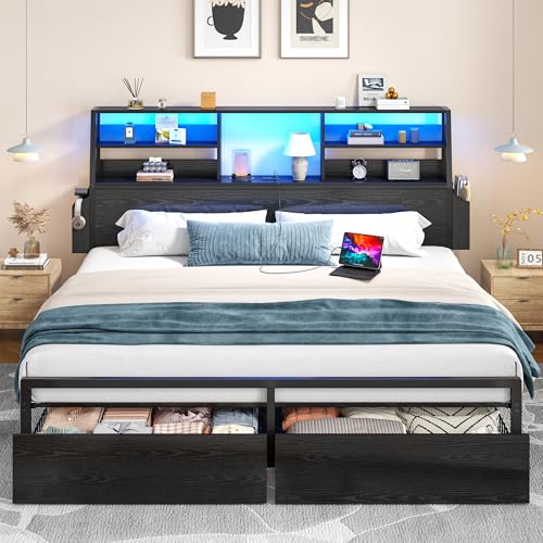 King Bed Frame with 3-Tier Storage Headboard&2 Drawers, Noise-Free, view 2
