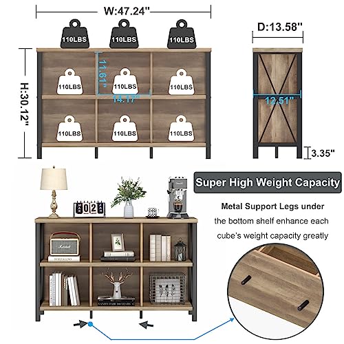 6 Cube Storage Organizer with Shelf, Long Wood and Metal Cubby Bookcase, Industrial Horizontal Bookshelf (Rustic Oak, 47 Inch)