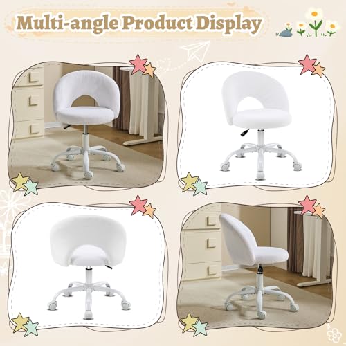 Small Vanity Chair with Faux Fur Wheels for Girls,Cute Adjustable Height Armless Office Desk Chair,360°Swivel Comfy Rolling for Study,Make up Room,Small Space,White