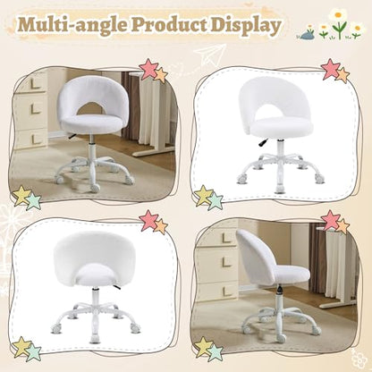 Small Vanity Chair with Faux Fur Wheels for Girls,Cute Adjustable Height Armless Office Desk Chair,360°Swivel Comfy Rolling for Study,Make up Room,Small Space,White