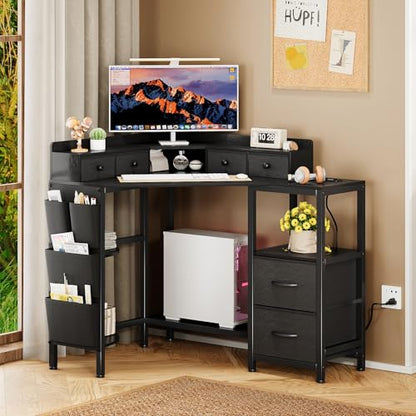 Corner Desk with 6 Drawers Shelves for Small Space Computer Desk with Power Outlets,Gaming Desk with Printer Monitor Stand Storage for Home Office Workstation Writing Table (Black, 31.5)