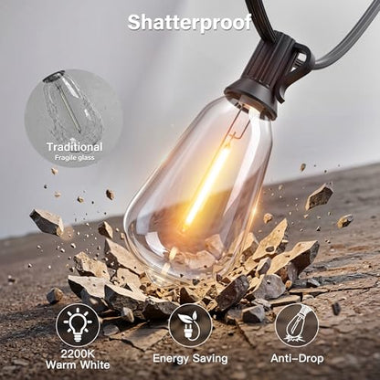 Outdoor String Lights 155FT, Shatterproof Connectable Patio Lights with 60 ST38 Edison LED Bulbs, 2200K Warm White Waterproof String Lights for Outside Backyard, Gazebo, Porch, Balcony, Bistro