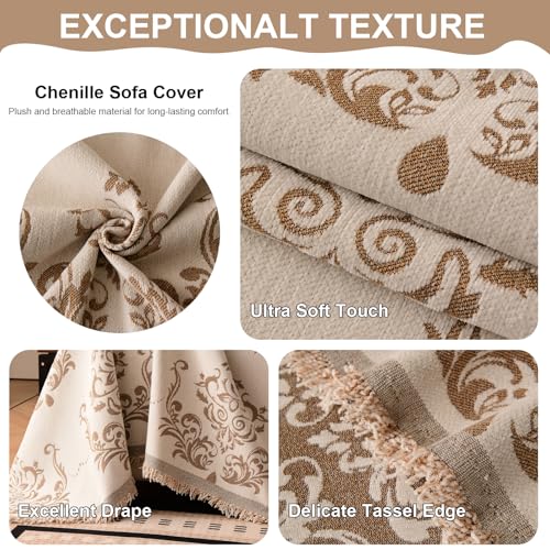Bohemian Baroque Pattern Couch Cover Washable Chenille Beige Taupe Damask Design Sofa Slip Cover for 2 Cushion Couch Living Room Classic Decorative Furniture Protector 71" x 118"