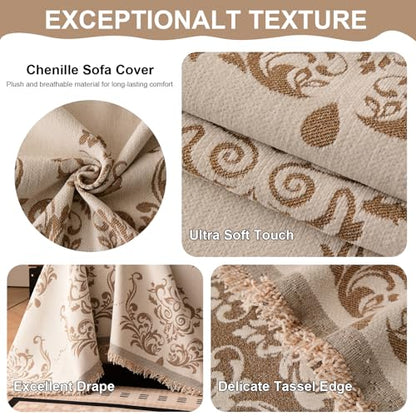 Bohemian Baroque Pattern Couch Cover Washable Chenille Beige Taupe Damask Design Sofa Slip Cover for 2 Cushion Couch Living Room Classic Decorative Furniture Protector 71" x 118"