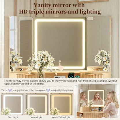 Corner Makeup Vanity Desk with 3 Way Mirror and Lights, view 8