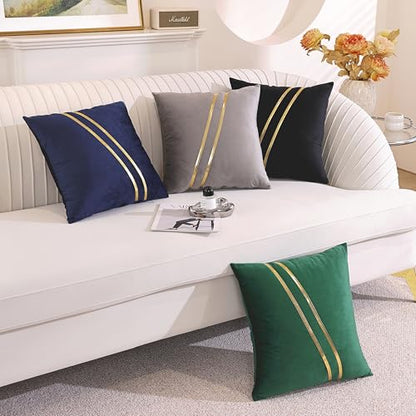 Gyulin Pack of 2,18x18 Inch Velvet Boho Throw Pillow Covers with Gold Leather Striped Stitching Modern Minimalist Square Pillowcase Cushion Covers for Bedroom Sofa Couch Living Room, White
