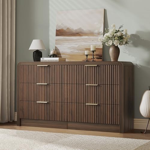 55" W Fluted 6-Drawer Dresser for Bedroom, Walnut, view 7