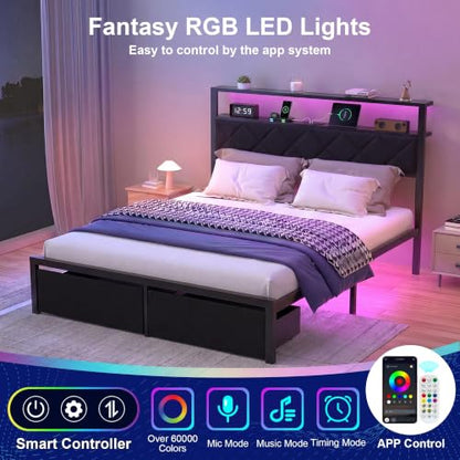 Full Bed Frame with LED Lights, Charging Station & 2 Storage Drawers, view 5