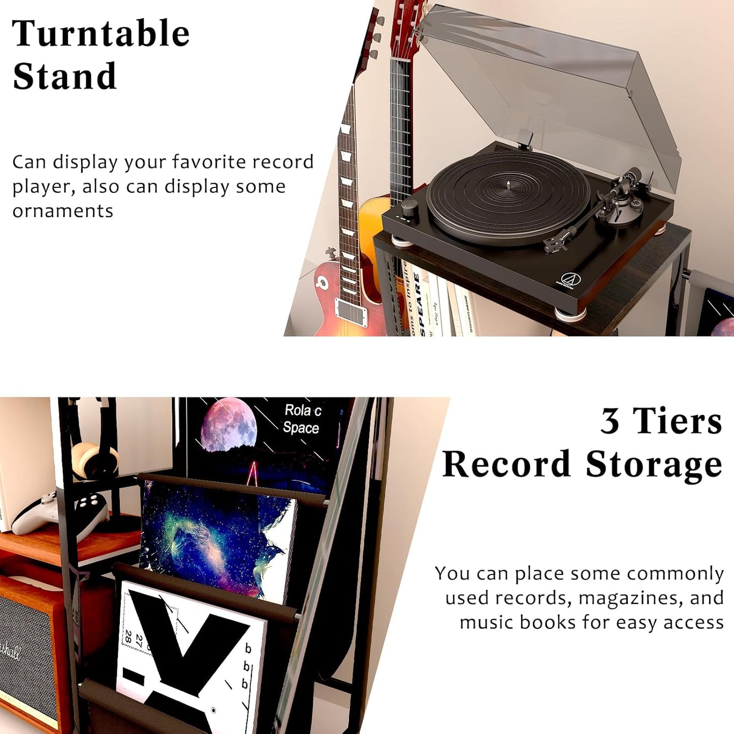 Guitar Stand & Record Player Table - 3-Tier Vinyl Record Storage for Acoustic, Electric Guitar, Bass, Speaker, Amp