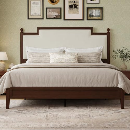 Queen Size Bed Frame with 50.2" Tall Upholstered Headboard, Walnut, view 2
