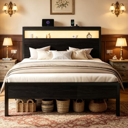 Full Bed Frame, 2-Tier Storage Headboard, LED, Charging Station, view 2