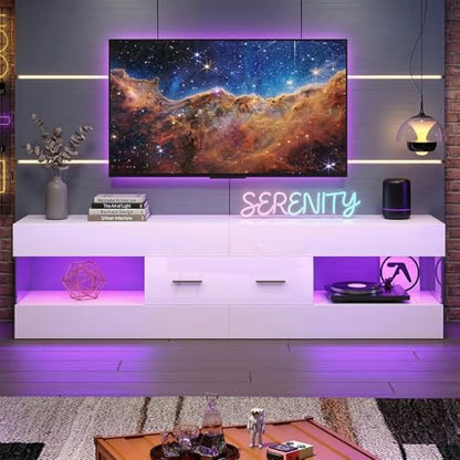 60 Inch White Modern TV Stand, LED Entertainment Center Console, view 8