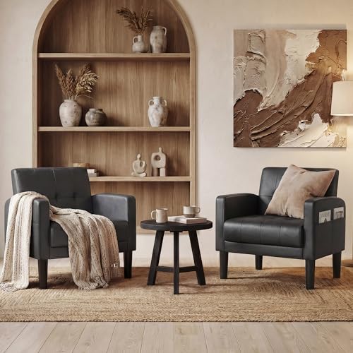 Accent Chair Set of 2 Living Room Chairs Cozy Tufted Mid Century Modern Black Accent Chairs with Arms for Bedroom Comfy Reading Arm Chair Small Chairs for Small Spaces Office(2, Black)