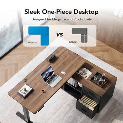 55 Inch L Shaped Standing Desk with Drawers, Electric Executive Desk with File Cabinet Sets, Adjustable Height Stand Up Desk, Home Office Computer Desk with 4 Memory Presets, Walnut