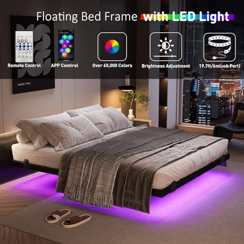 Floating Bed Frame Queen with LED Lights and Charging Station, view 4