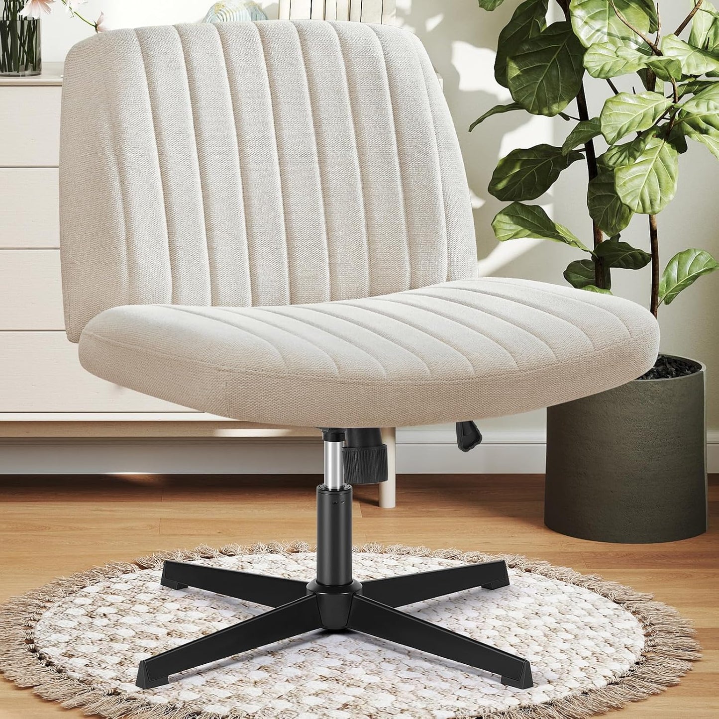 Desk Chair No Wheels, Criss Cross Chair Wide Cross Legged Office Desk Vanity Comfy Chair, Armless Adjustable Swivel Chairs for Home Computer Task Beige