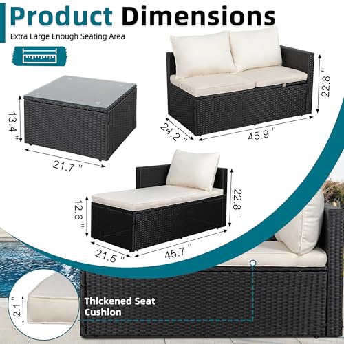 3 Piece Patio Furniture Set, Outdoor PE Rattan Sectional Sofa Set with Ottoman, Detachable Cushions and Glass Coffee Table, Patio Conversation Set for Backyard Balcony Porch, Black/White