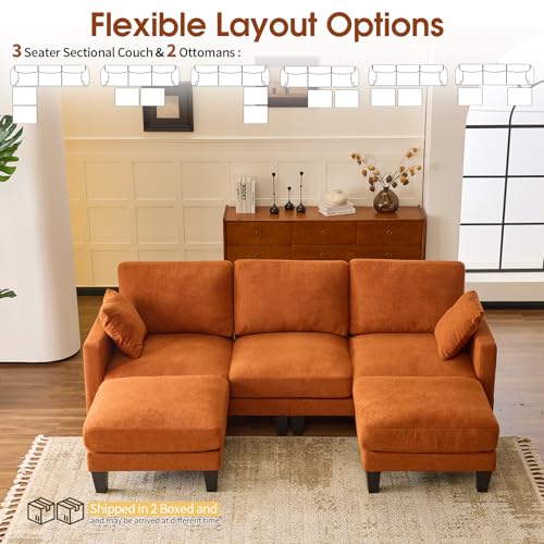 100" W U Shaped Couch with Ottoman, 22" Deep Seat Comfortable Sectional Couches for Living Room, 3 Seater Chenille Fabric Cloud Sofa for Apartment, Small Spaces, Bedroom, Orange