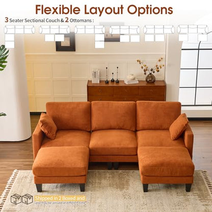 100" W U Shaped Couch with Ottoman, 22" Deep Seat Comfortable Sectional Couches for Living Room, 3 Seater Chenille Fabric Cloud Sofa for Apartment, Small Spaces, Bedroom, Orange