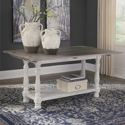 Signature Design by Ashley Havalance Farmhouse Sofa Table, Flip Top Design for Additional Dining Space and Fixed Lower Shelf, Gray & White with Weathered Finish