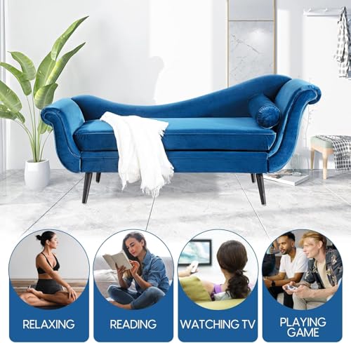 68" Blue Velvet Chaise Lounge Chair, Vintage Scroll Arm & Wave Back Sofa, view 5