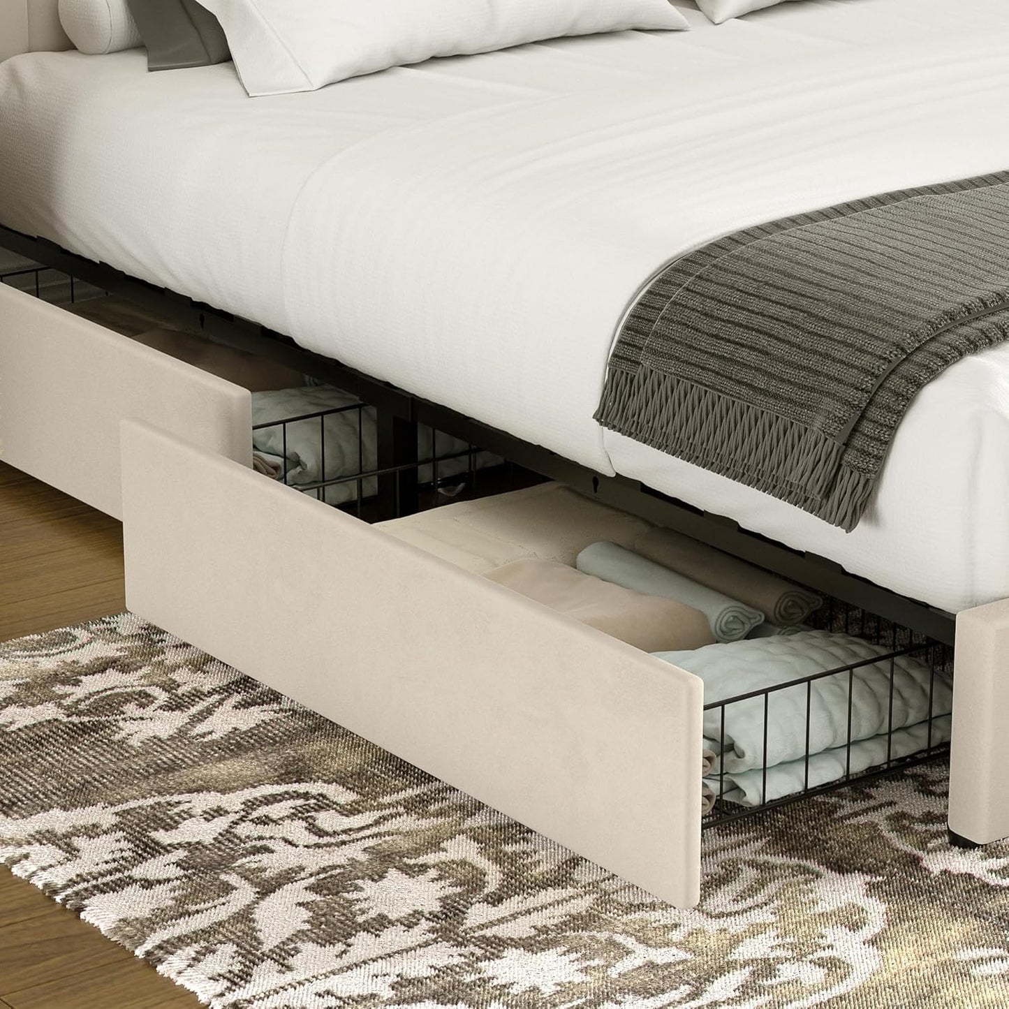 Queen Size Upholstered Bed Frame with 4 Drawers and Headboard, Velvet Platform Storage Bedframe, Wooden Slats Support, No Box Spring Needed, Beige
