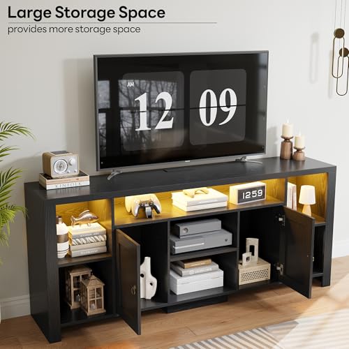TV Stand for TVs 80 inch with LED Lights & Power Outlet, Entertainment Center with Cabinets, Adjustable Shelves and Open Shelves, Modern Media TV Console Living Room, Black