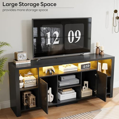 TV Stand for TVs 80 inch with LED Lights & Power Outlet, Entertainment Center with Cabinets, Adjustable Shelves and Open Shelves, Modern Media TV Console Living Room, Black