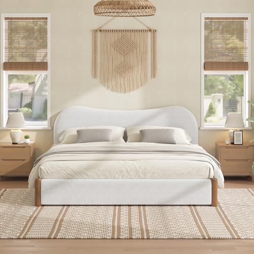 JIVOIT Queen Berber Fleece Upholstered Bed with Headboard, Wood Supporting Feet (White/Queen,30)