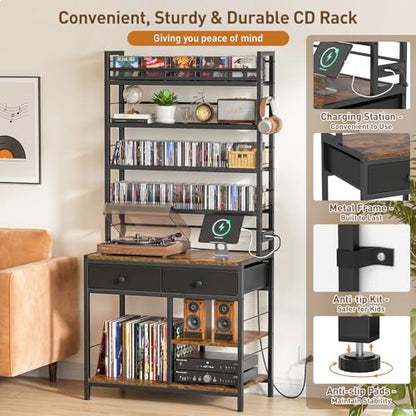 Tall CD Rack with Power Outlet & Drawers, 8-Tier DVD Storage Shelf, view 5