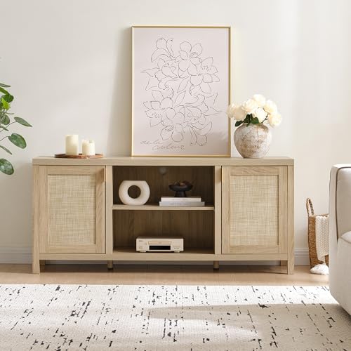 Rattan TV Stand for Living Room - 26" Tall TV Console Cabinet with Storage and Adjustable Shelf, Boho Entertainment Center, 59" Media Console for 50, 55, 65 Inch TV, Light Oak