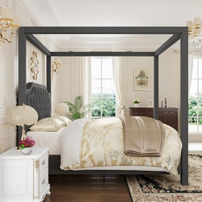 Upholstered Queen Size Bed Frame with Canopy Poles and Headboard, view 8