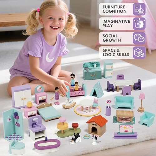 Wooden Dollhouse Furniture Set 39 Pcs with 5 Rooms, Family Dolls & Pets, All-Wooden Doll House Accessories and Furniture, Pretend Play Dollhouse Accessories Toy Gift for Kids 3+