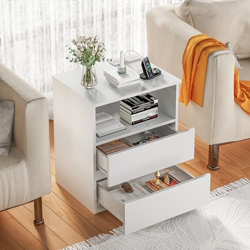(Set of 2) End Table with Fast USB C Charging Station, Sofa Side Table with 2 Drawers, Large Storage Modern Wood Storage Cabinet for Living Room,Bedroom,Office, White