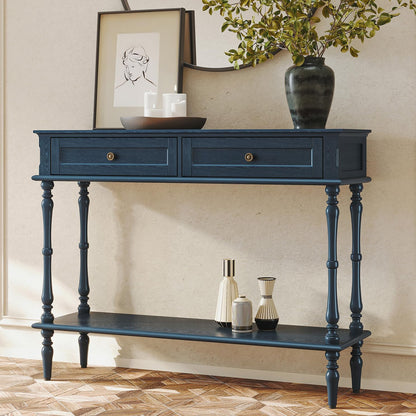 Console Table for Entryway with 2 Drawers-Minimal Assembly,Blue Retro Entryway Table with Storage Cabinets and Open Shelf,Narrow Long Couch Table behind Sofa for Living Room,Foyer,Hallway