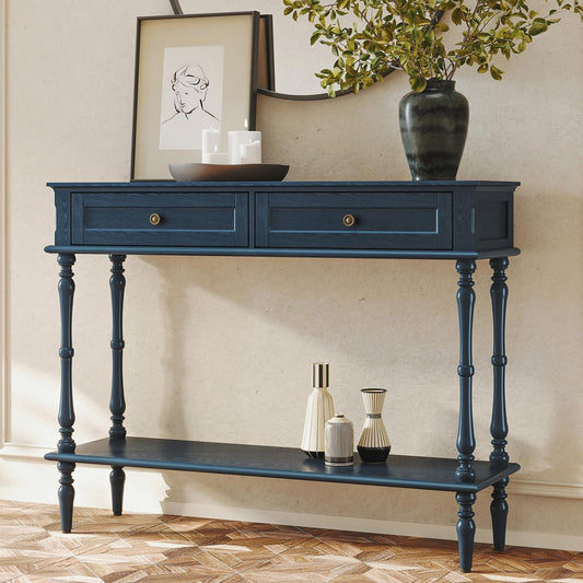 Console Table for Entryway with 2 Drawers-Minimal Assembly,Blue Retro Entryway Table with Storage Cabinets and Open Shelf,Narrow Long Couch Table behind Sofa for Living Room,Foyer,Hallway