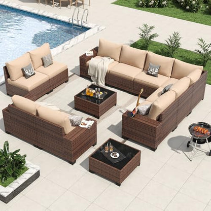 12 Pieces Patio Furniture Set Wicker Rattan Outdoor Sectional Conversation Set with Coffee Table and 4” Thickened Cushions, Beige (Waterproof Cover Included)
