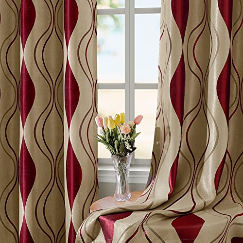 Wave Room Darkening Curtains 52 X 63 Inch Length Burgundy and Beige Set of 2 Panels Bedroom Jacquard Grommet Window Drapes for Living Room
