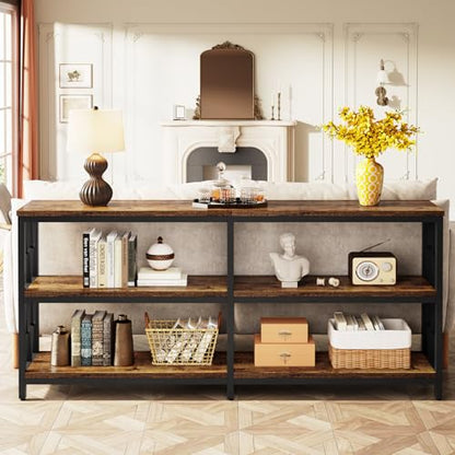 Console Table with Storage Shelves, 70.9" Industrial 3-Tier Sofa Table for Living Room, Long Foyer Table Entryway Table for Hallway, Front Door, Entrance, Rustic Brown & Black