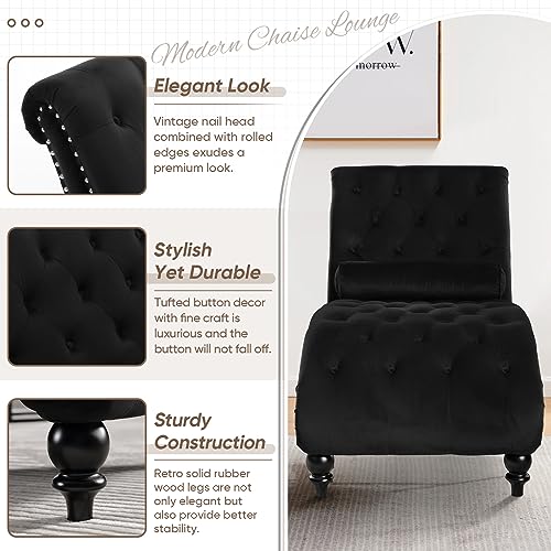Black Velvet Chaise Lounge Indoor with Toss Pillow, view 7