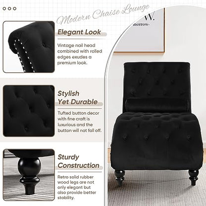 Black Velvet Chaise Lounge Indoor with Toss Pillow, view 7