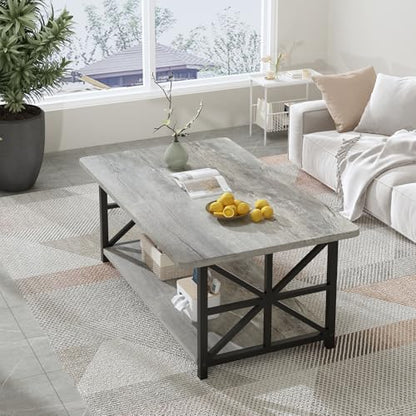Gray Coffee Table for Living Room with Round Corners, 2 Tier Living Room Table with Storage Shelf,Rectangular Coffee Table Center Table for Small Spaces,Easy Assembly