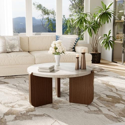 31.5" Round Coffee Table, Faux Marble Tabletop with Walnut Wood Grain Legs, Modern Minimalist Center Table for Living Room, Waterproof & Easy Assembly, Off-White