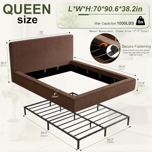Queen Cloud Bed Frame with Headboard, No Box Spring Needed, Brown-Style A, view 3
